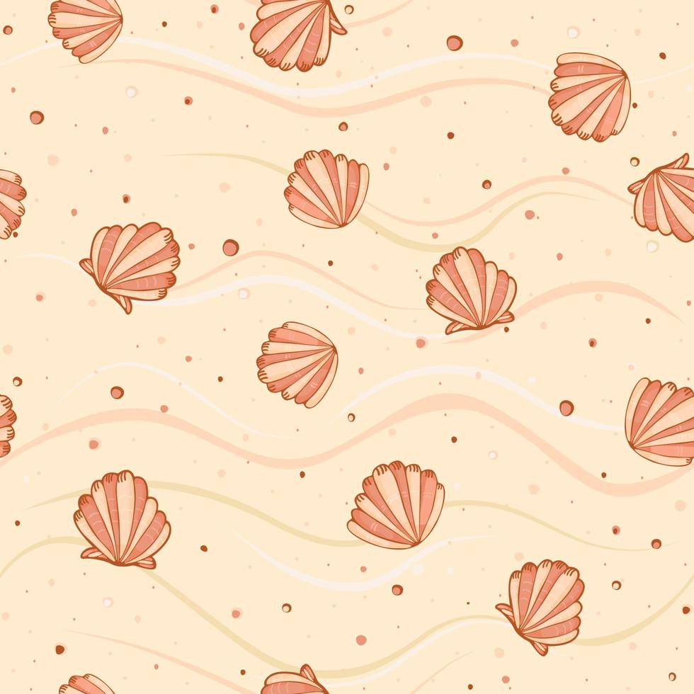 Cute, scallop seashells on beach sand with pebbles seamless pattern. Great for Spring or Summer fabric, scrap-booking, gift-wrap, wallpaper, product design product design. Surface design. Vector