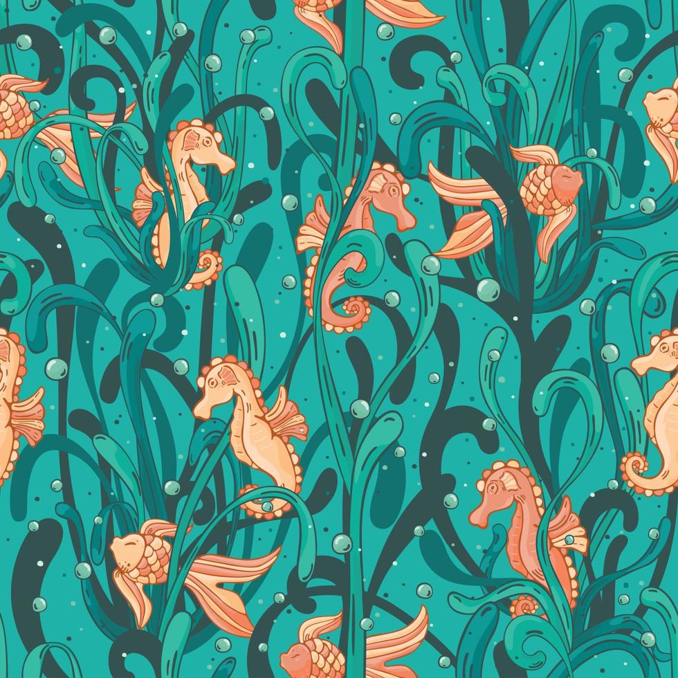 Cute, kawaii underwater seahorse and fish hiding in seaweed seamless pattern. Great for Spring or Summer fabric, scrap-booking, gift-wrap, wallpaper, product design. Surface design. Vector