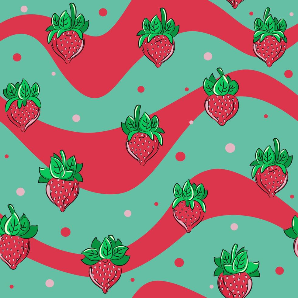 Cute, drawn kawaii strawberries seamless pattern with a wavy background. Great for Spring or Summer fabric, scrap-booking, gift-wrap, wallpaper, product design. Vector
