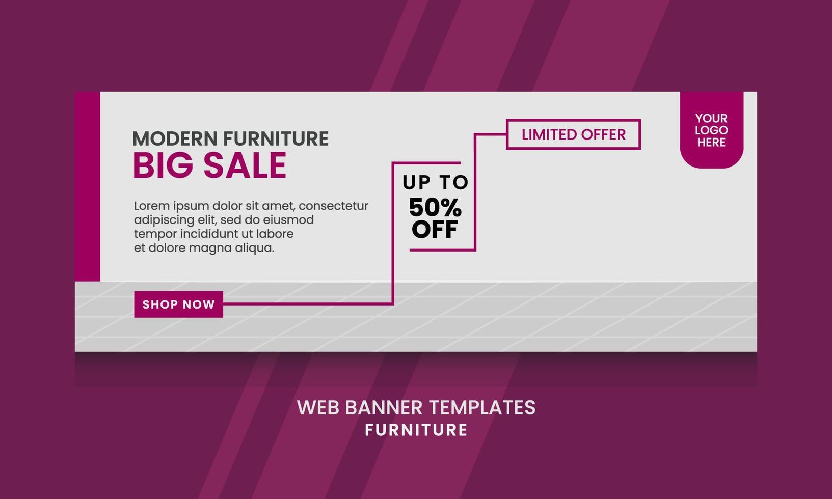 Vector graphic of web banner design with maroon, white and grey color scheme. Perfect for furniture or electronic product promotion