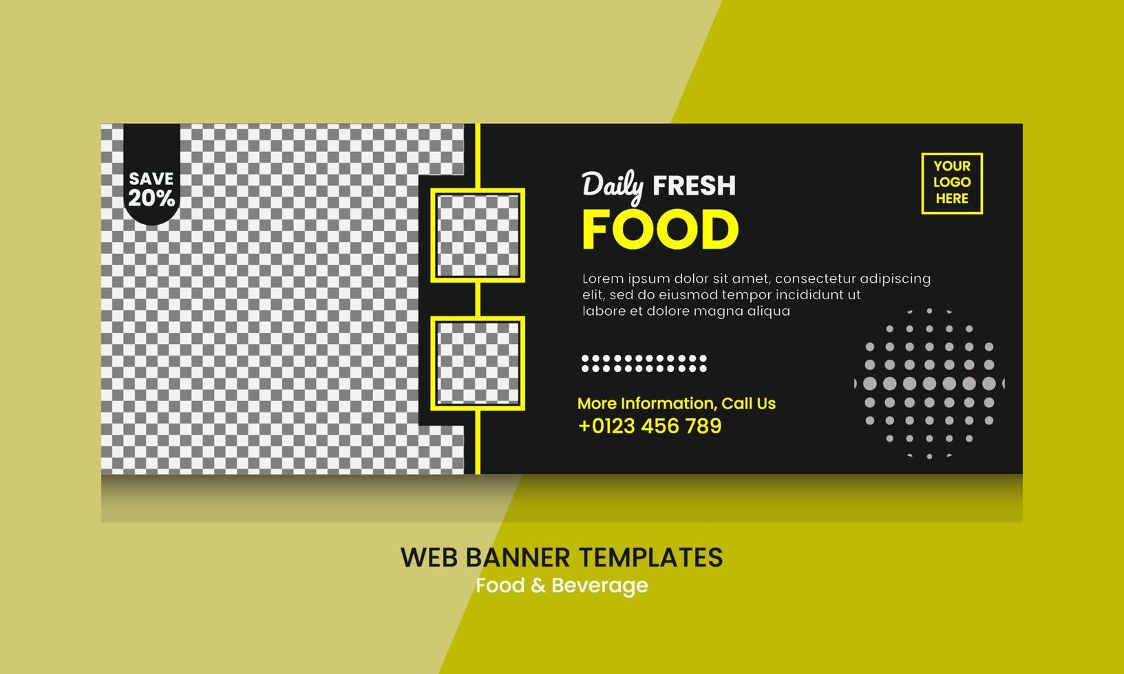 Vector graphic of web banner design with black, yellow and white color scheme.