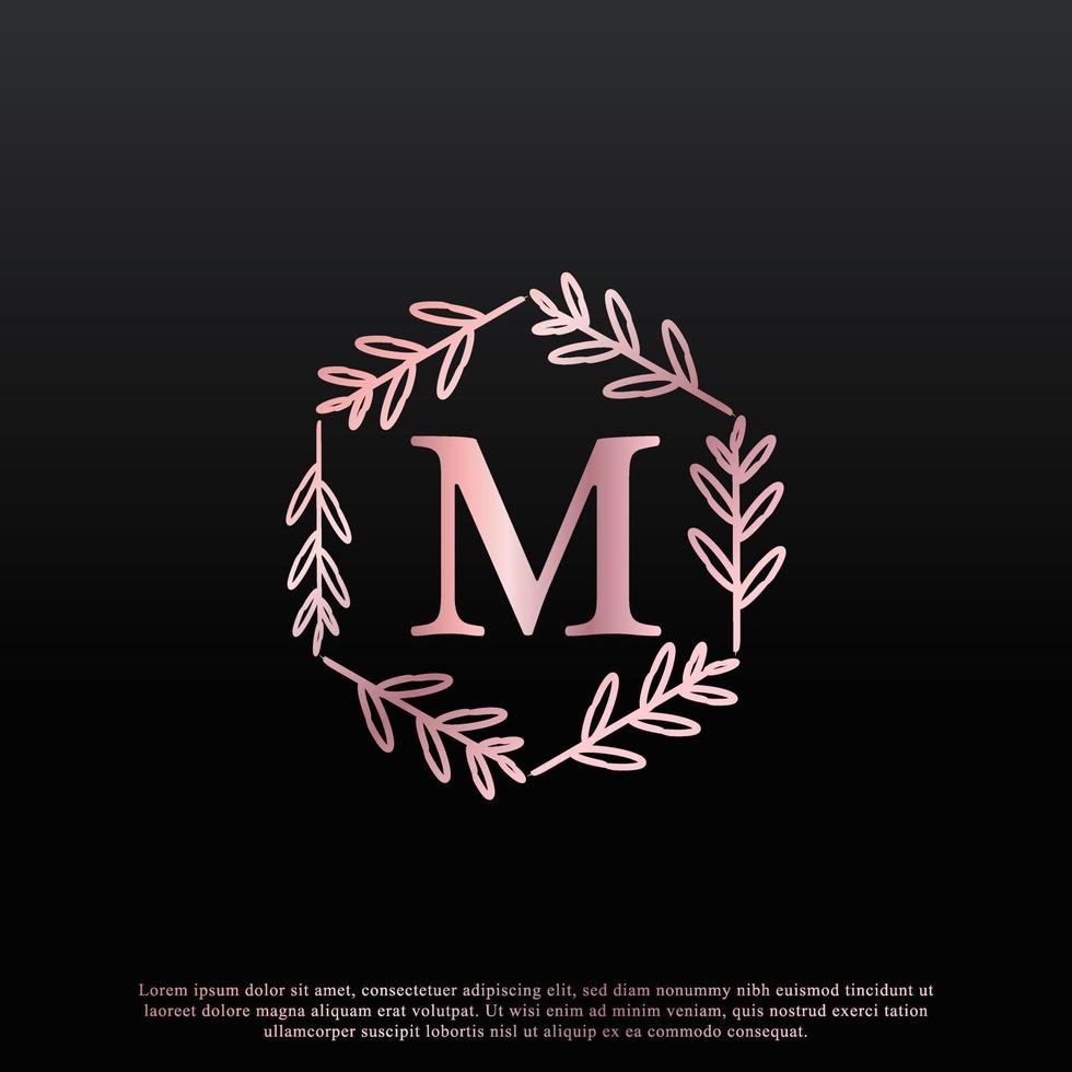 Elegant M Letter Hexagon Floral Logo with Creative Elegant Leaf Monogram Branch Line and Pink Black Color. Usable for Business, Fashion, Cosmetics, Spa, Science, Medical and Nature Logos. vector