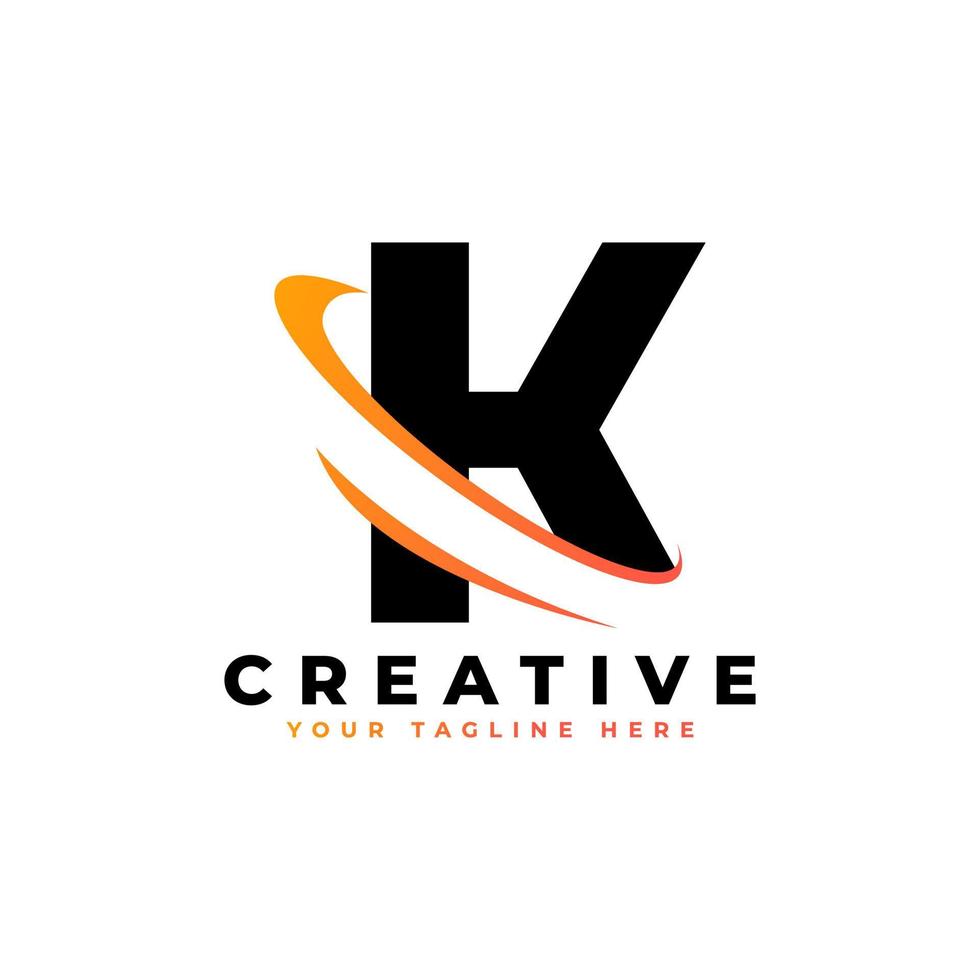 Corporation Letter K Logo With Creative Curved Swoosh Icon Vector Template Element in Black and Yellow Color.