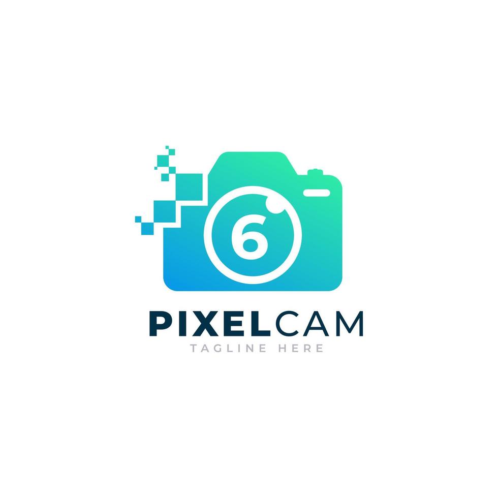 Number 6 Inside Camera Photo Pixel Technology Logo Design Template vector