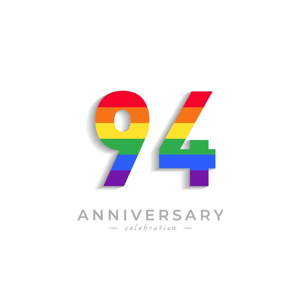 Celebración del aniversario de 94 años con el color del arco iris para el evento de celebración, la boda, la tarjeta de felicitación y la invitación aislada en el fondo blanco vector