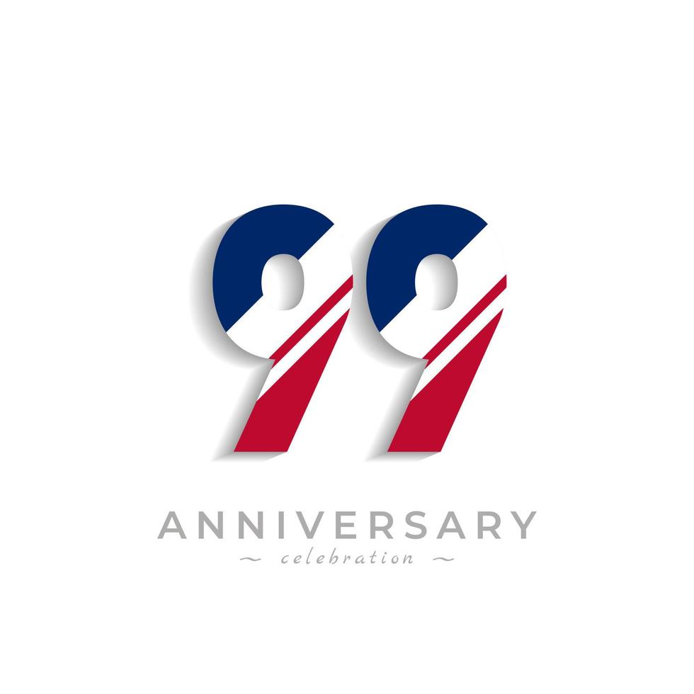 99 Year Anniversary Celebration with White Slash in Red and Blue American Flag Color. Happy Anniversary Greeting Celebrates Event Isolated on White Background vector