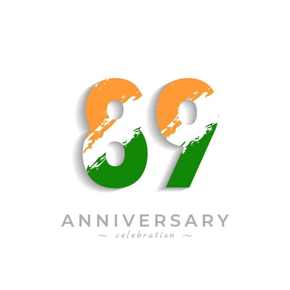 89 Year Anniversary Celebration with Brush White Slash in Yellow Saffron and Green Indian Flag Color. Happy Anniversary Greeting Celebrates Event Isolated on White Background vector