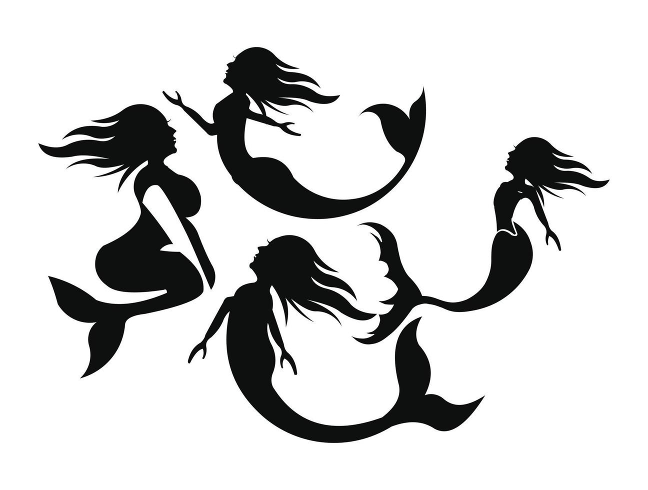 set of Swimming underwater mermaid black vector silhouettes