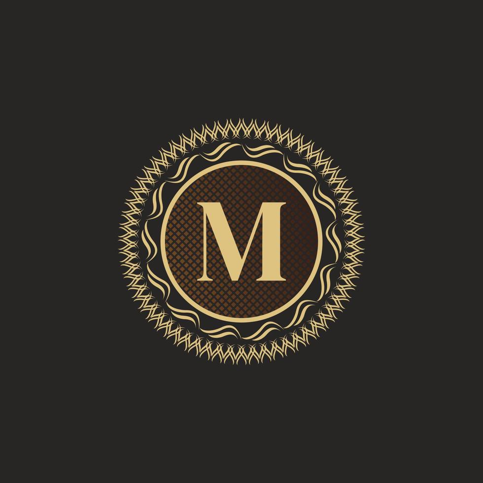 Emblem Letter M Gold Monogram Design. Luxury Volumetric Logo Template. 3D Line Ornament for Business Sign, Badge, Crest, Label, Boutique Brand, Hotel, Restaurant, Heraldic. Vector Illustration