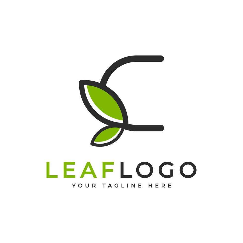 logotipo creativo de la letra inicial c. estilo lineal de forma negra vinculado con el símbolo de hoja verde. utilizable para logotipos de negocios, salud, naturaleza y granjas. elemento de plantilla de ideas de diseño de logotipo de vector plano. eps10