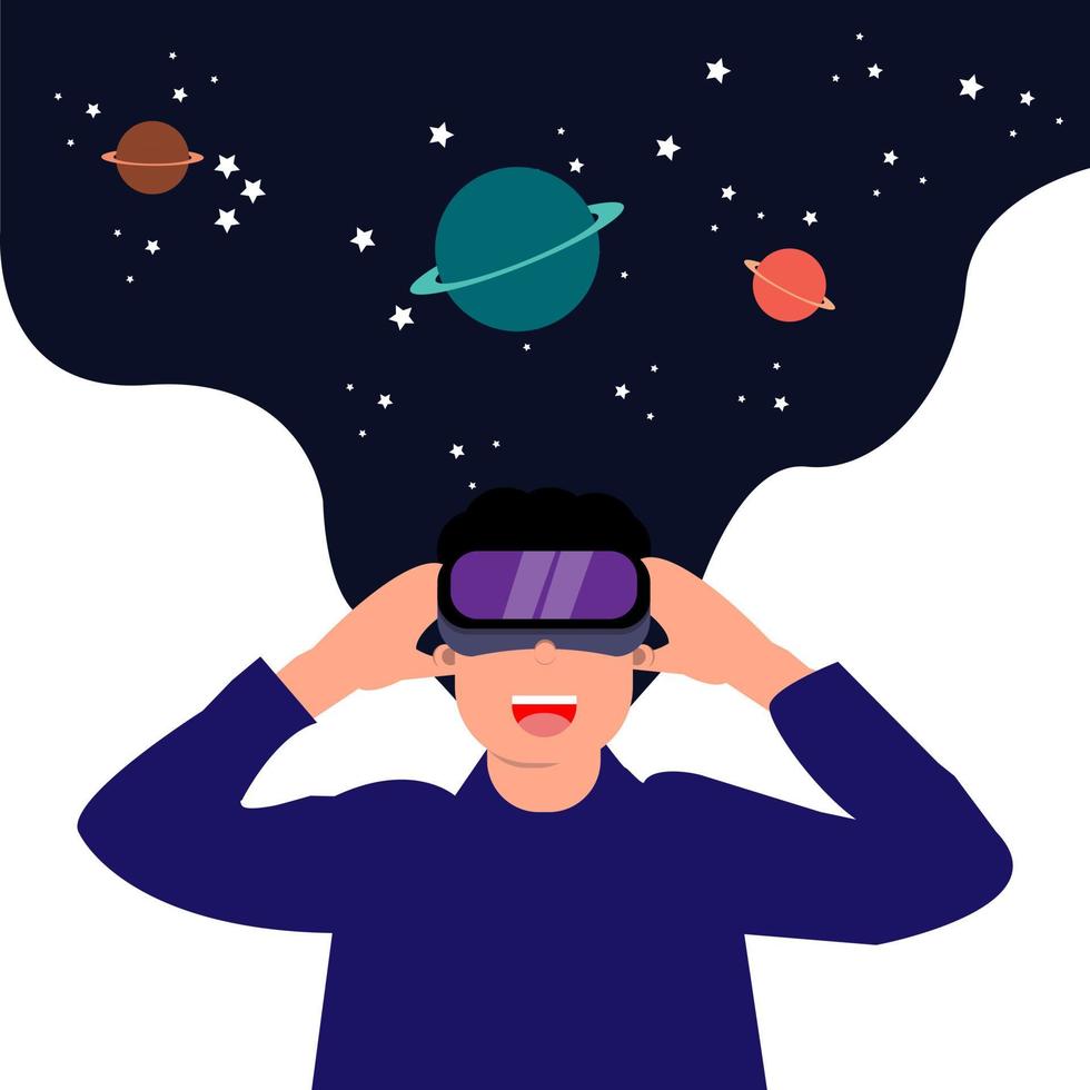 illustration of person with VR enjoying experience of metaverse virtual vector