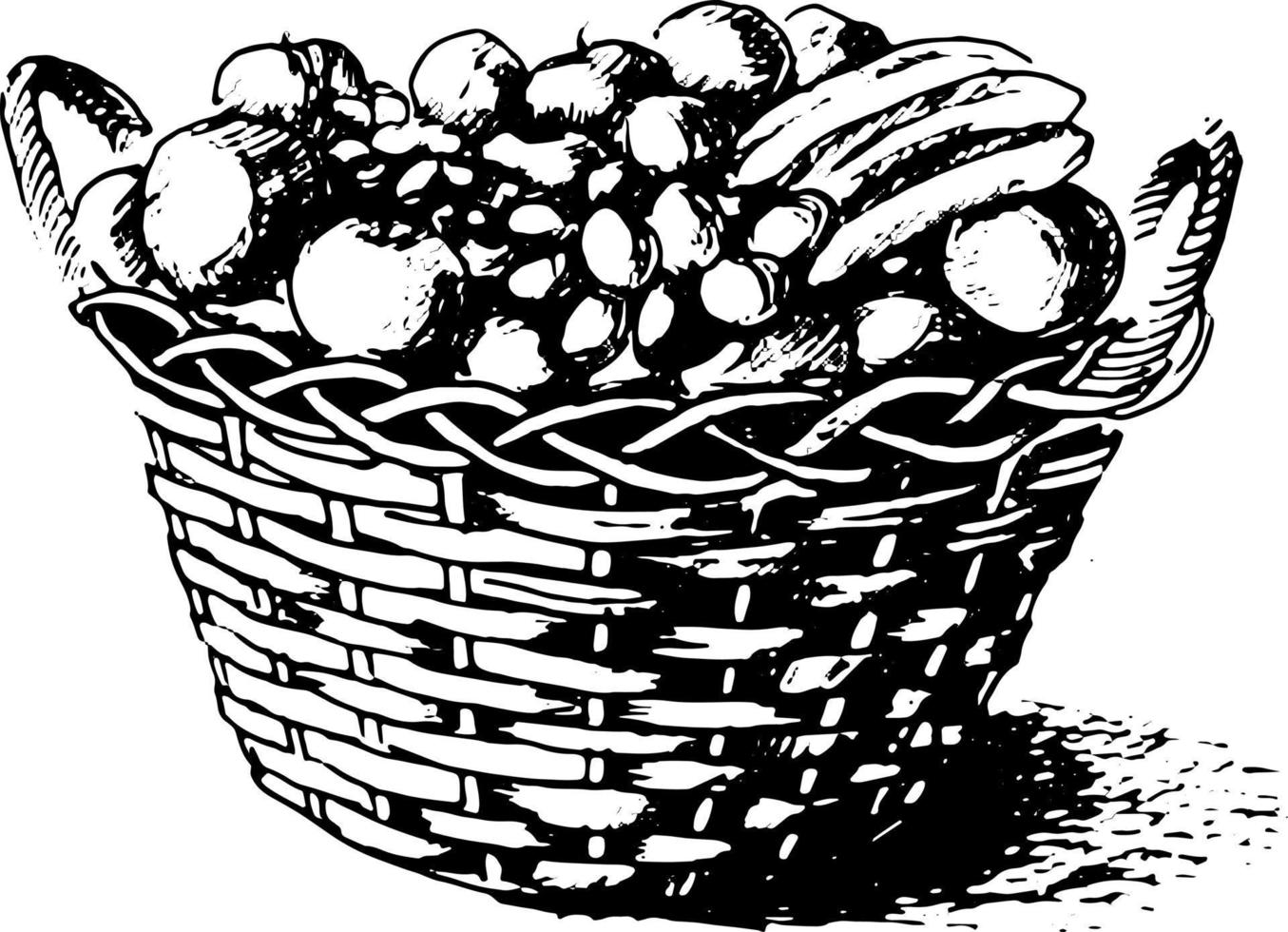 Hand-drawn style vector illustration. Black and white graphic icon. Basket with fruits