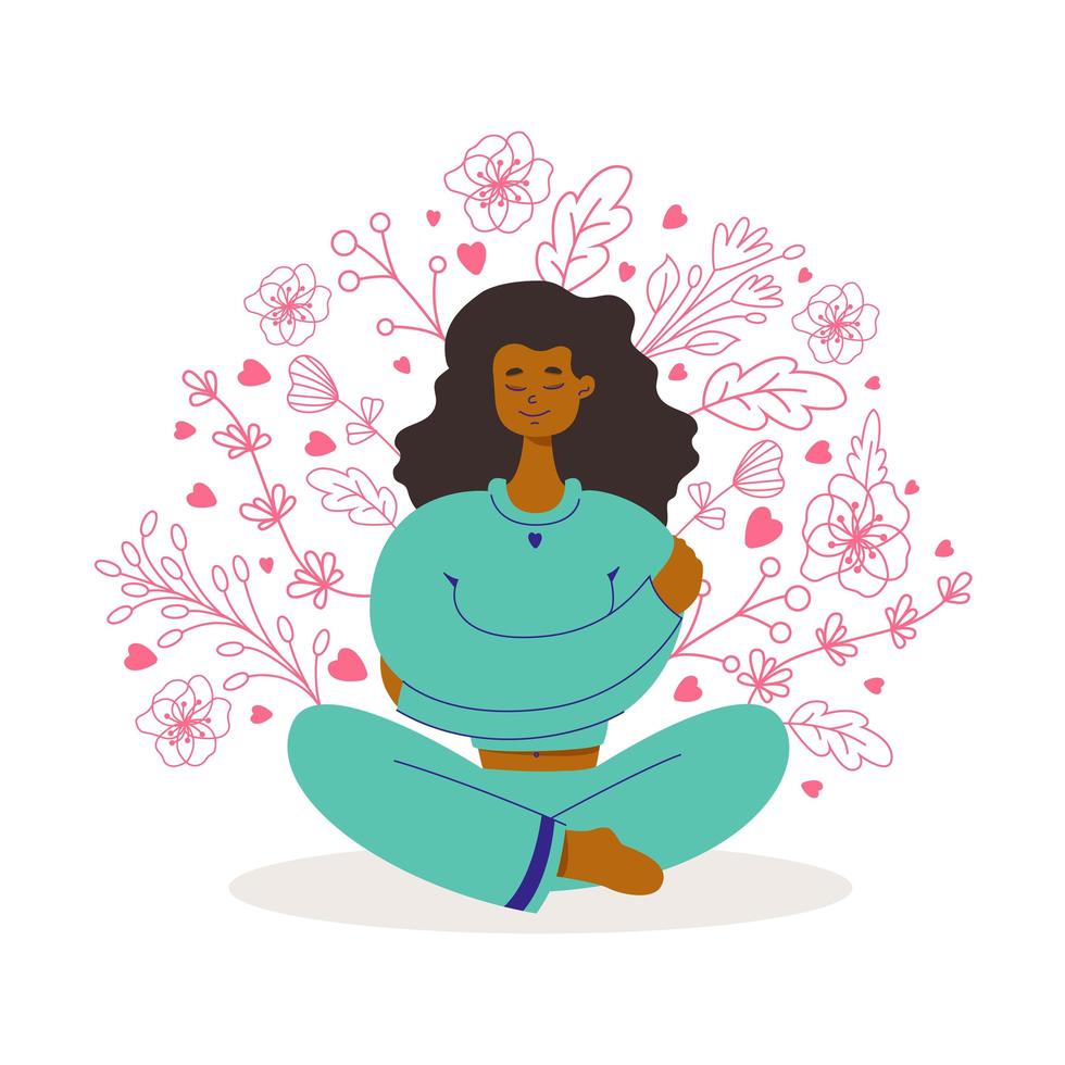 mujer negra sonriente abrazándose y sentada, alrededor de las plantas. ámate a ti mismo, autocuidado, cuidado del cuerpo, autoaceptación, concepto positivo. dibujado a mano vector ilustración de dibujos animados plana