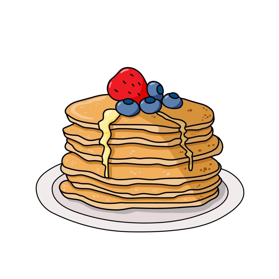 Pancakes with strawberry, blueberries and honey syrup vector illustraion. Food cartoon image.