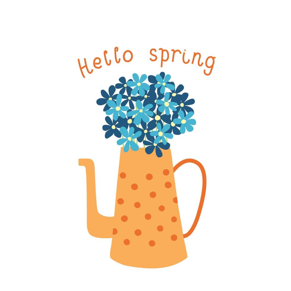 Teapot with flowers vector illustration. Hello spring greeting card with text. Watering can with bouquet.