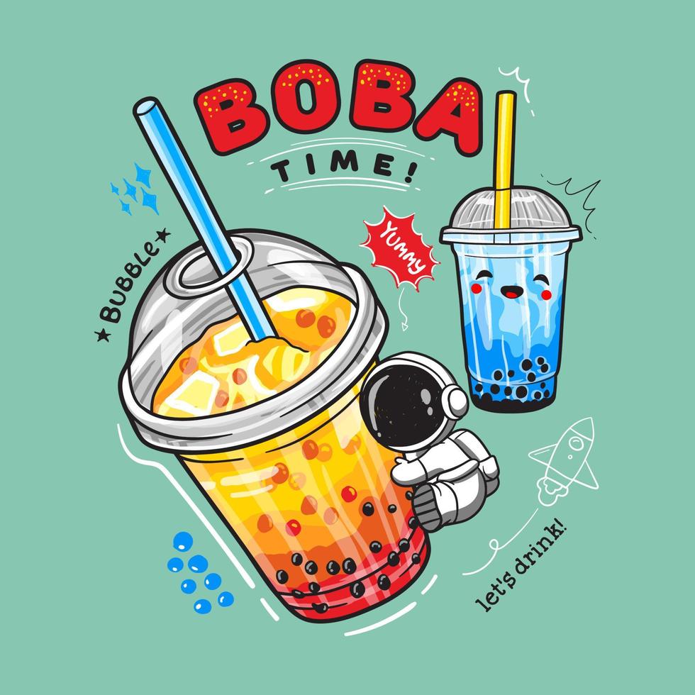 Bubble tea banner poster. Bubble tea with fruits and berries Milkshake smoothie and cartoon astronaut hugging the plastic cups. Great for flyers, posters, cards. Vector illustration