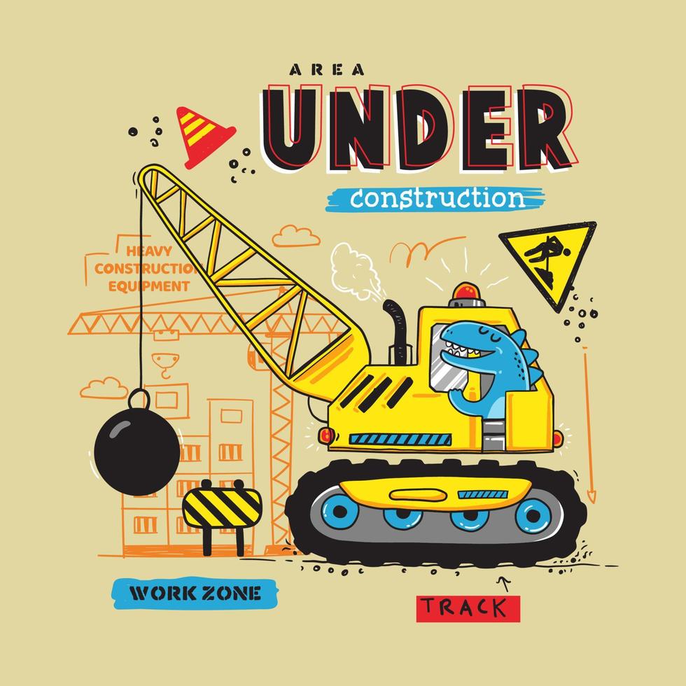 dinosaurios montando equipo pesado de construcción en el área de construcción, afiche de ilustración vectorial o diseño de camisetas para niños vector