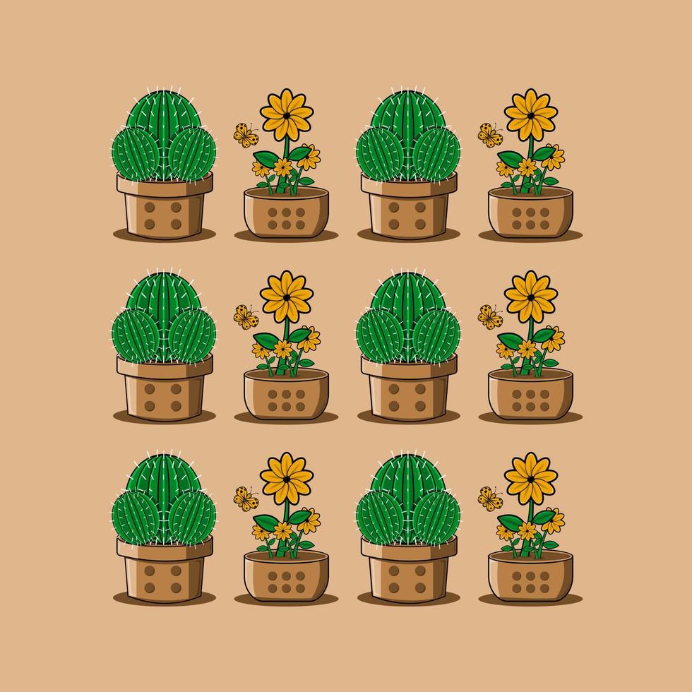 conjunto de ilustración vectorial de dibujos animados de cactus y flores vector