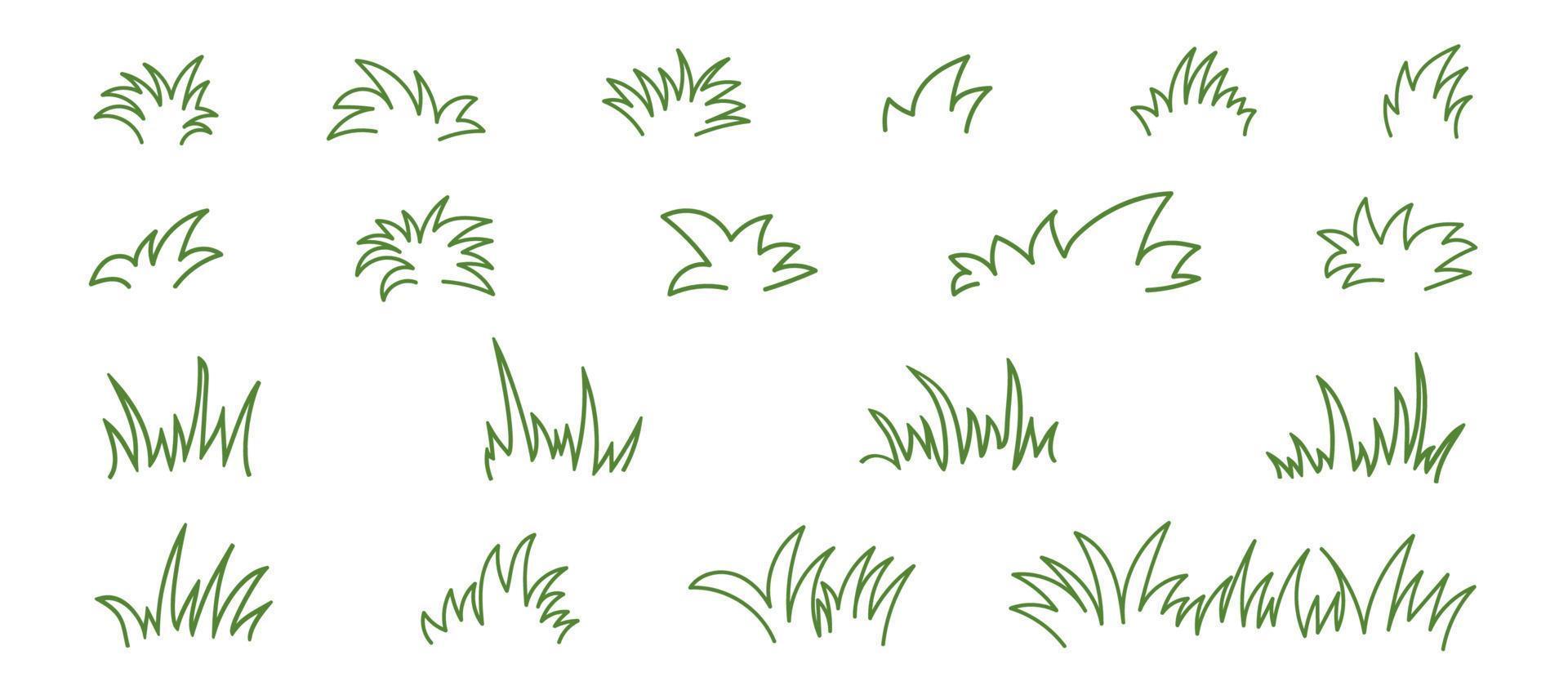 Doodle set with green grass sketch. Hand drawn line. Vector outline illustration