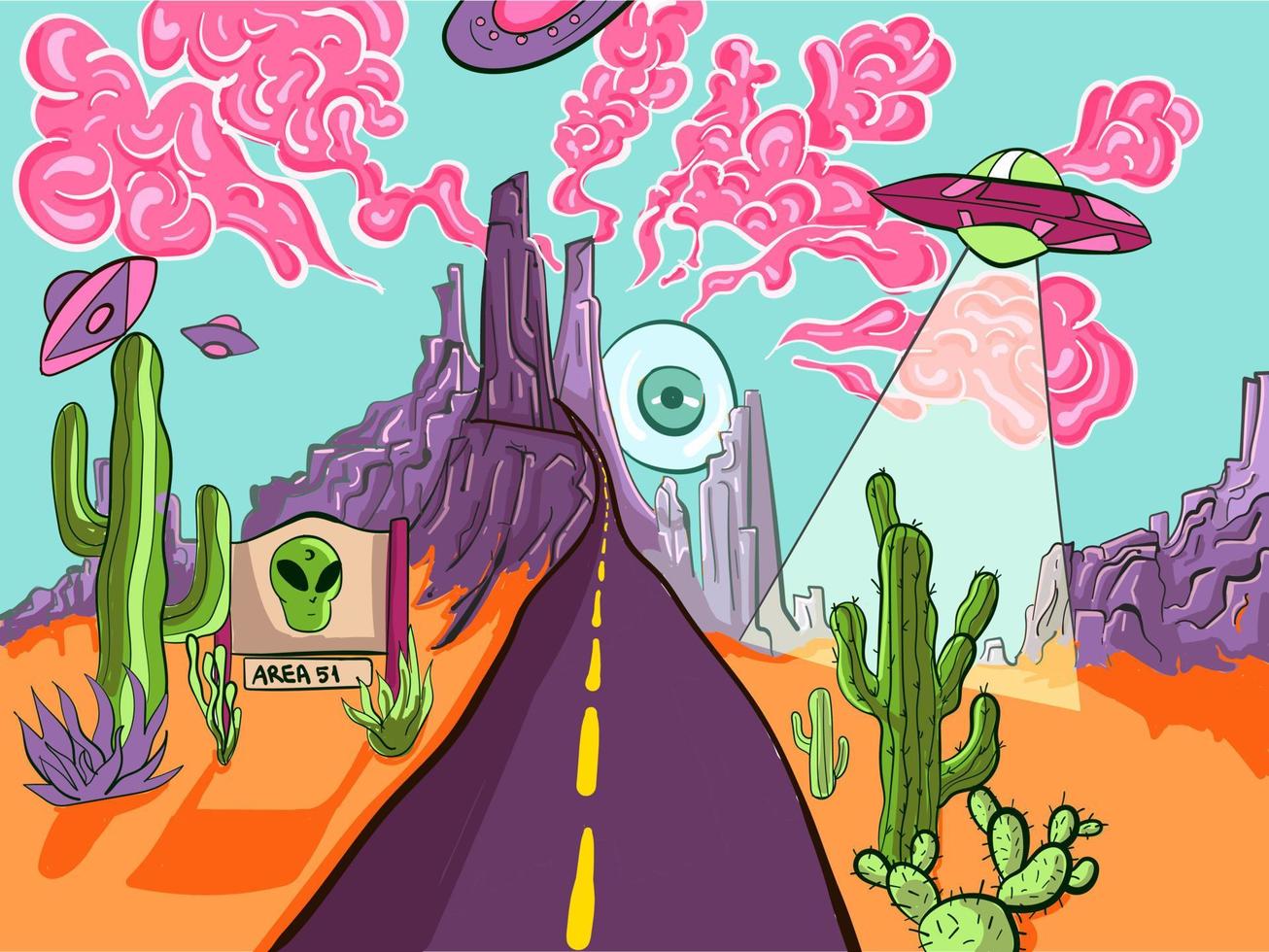 ilustraciones psicodélicas y psicodélicas del paisaje desértico del área 51. ilustración surrealista de una invasión alienígena y ovni con cactus, montañas y nubes rosas ahumadas. vector