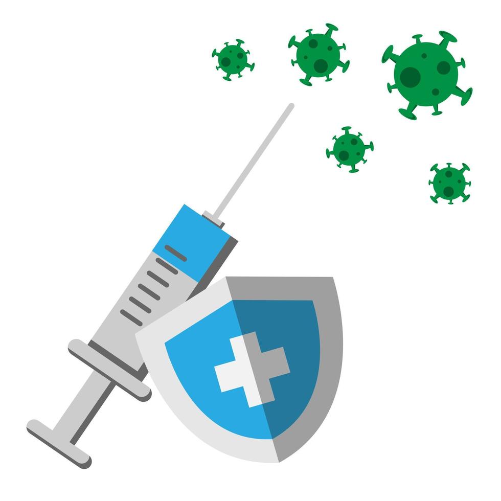 illustration of a vaccine injection with a shield fighting the virus vector