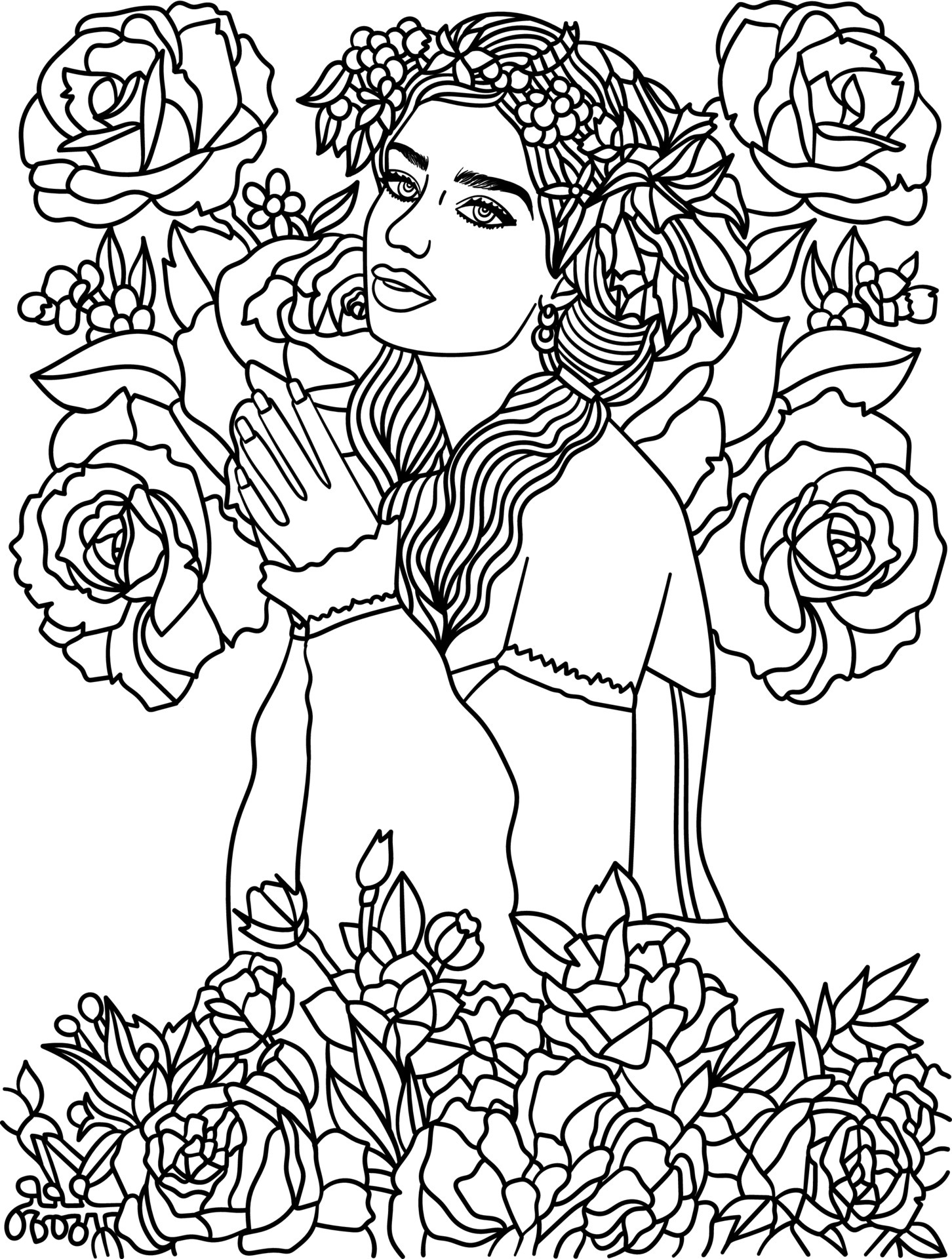 Flower Girl Coloring Page for Adults 6296302 Vector Art at Vecteezy