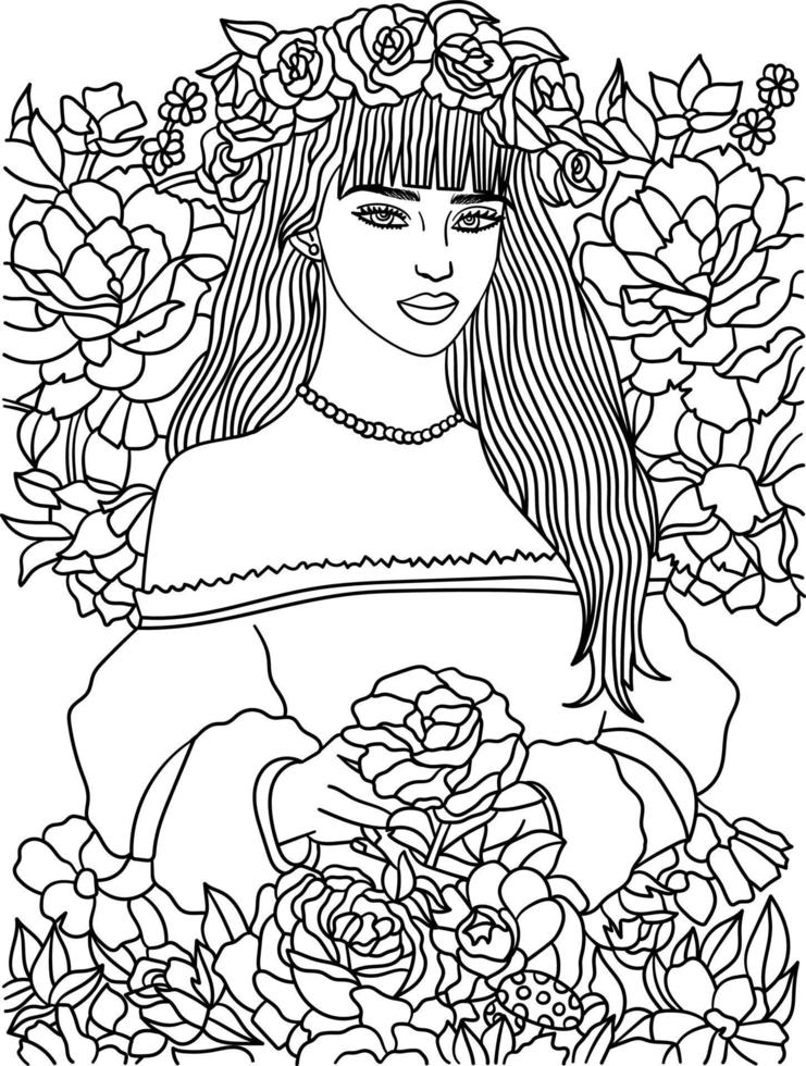 Beautiful Flower Girl Coloring Page for Adults vector