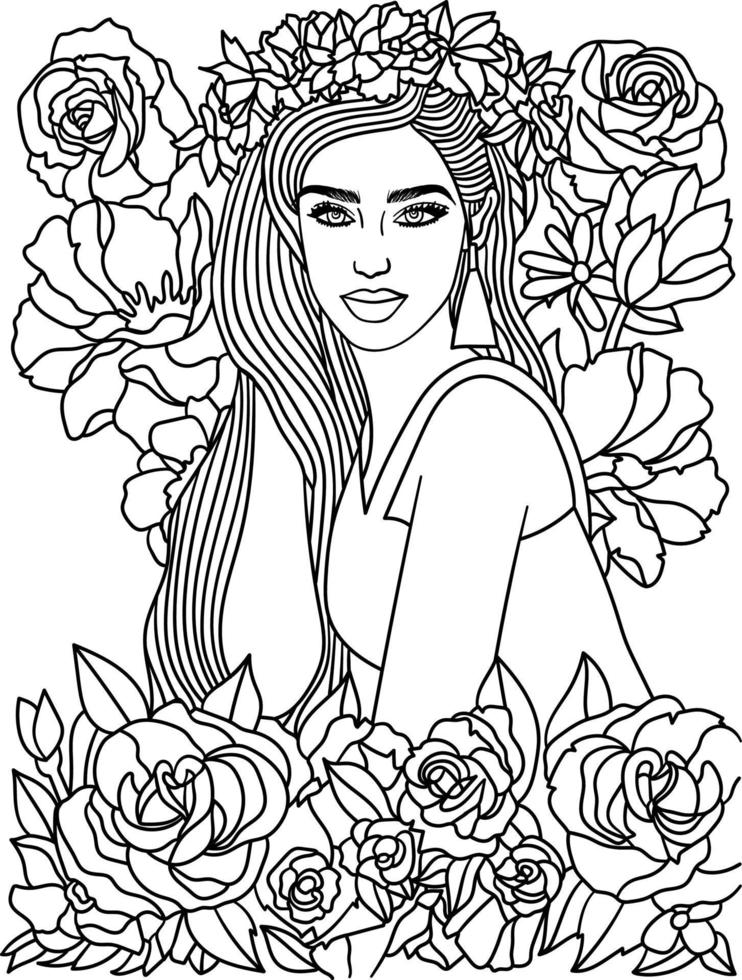 Linda niña de las flores para colorear página para adultos vector