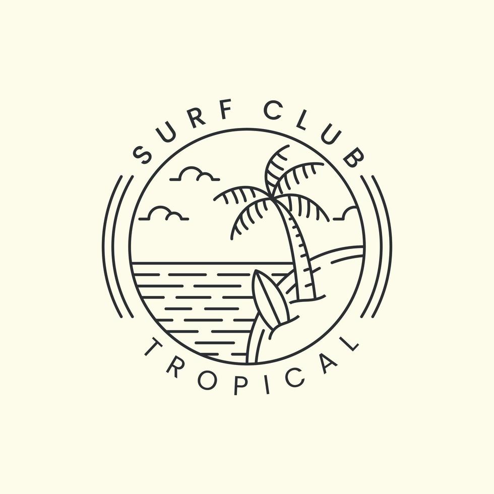 club de surf playa tropical con emblema y diseño de plantilla de icono de logotipo de estilo de arte de línea. palmera, nube, mar, ilustración vectorial vector