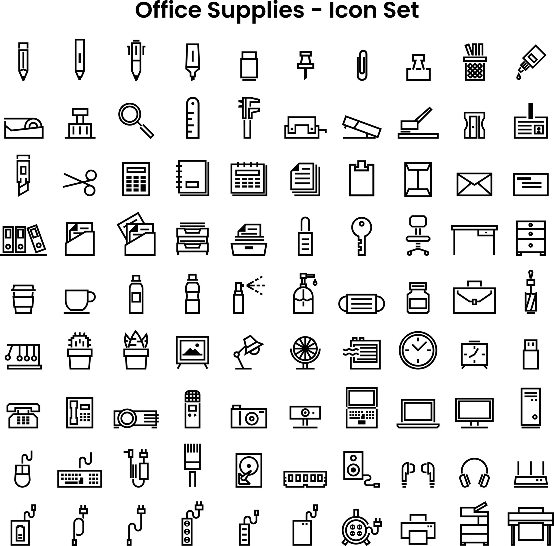 Vector outline flat icon sets of Office supplies 90 icons 6296390 Vector  Art at Vecteezy