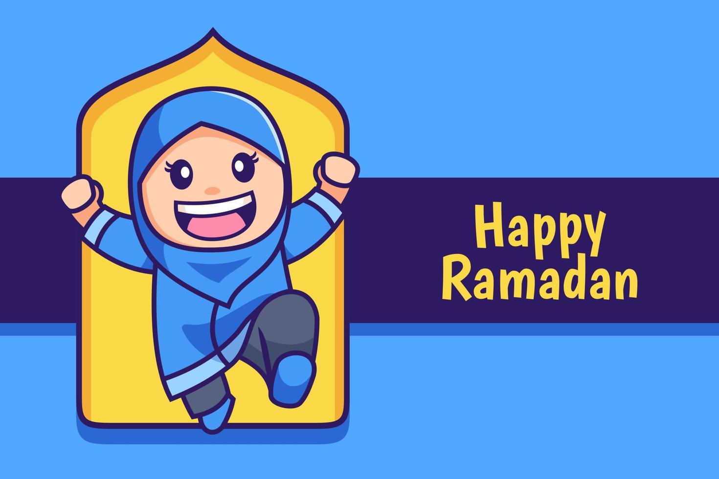 feliz ramadán dibujos animados musulmán hijab niña salto vector