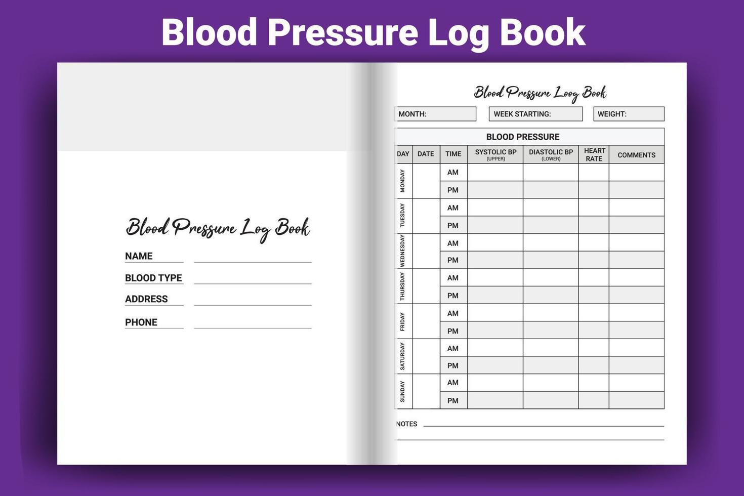 libro de registro de la presión arterial. interior del cuaderno de presión arterial. Diario de presión arterial. imprimible diario simple. vector