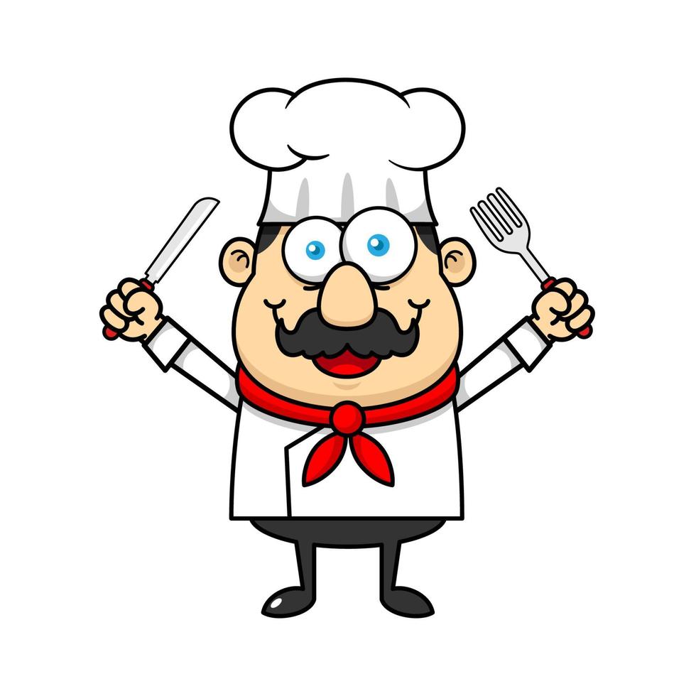 chef mascota logo personaje de dibujos animados con tenedor y cuchillo vector