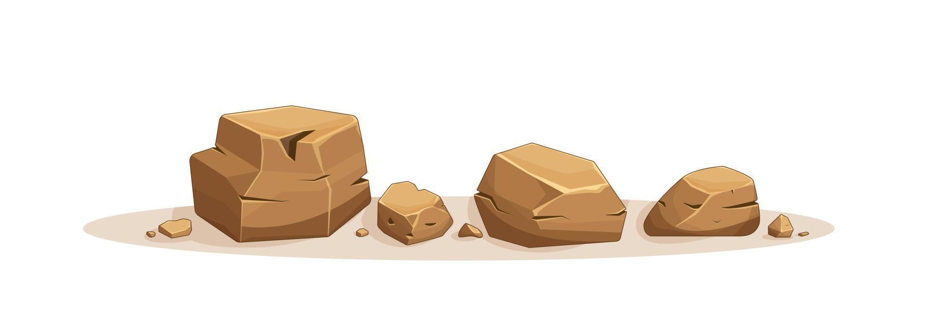 roca piedra, brownstones. conjunto de diferentes rocas. montón de dibujos animados de adoquines pesados. material de construcción natural sólido o elemento de paisaje de montaña. pila de rocas grandes y pequeñas en bruto. vector