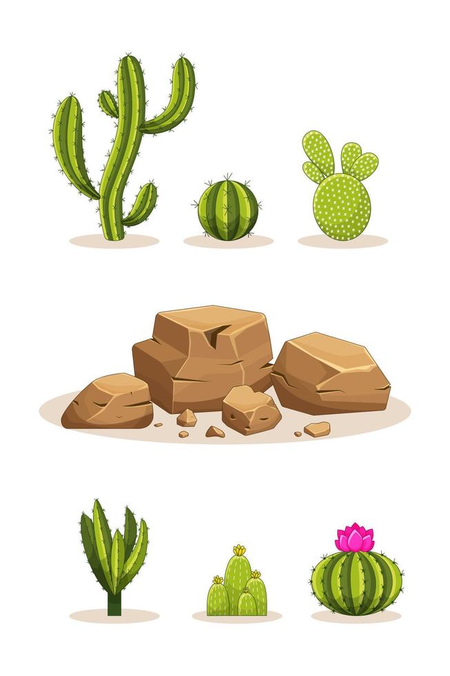 Cactus with thorns and stones. Mexican green plant with spines and rocks. Element of the desert and southern landscape. Cartoon flat vector illustration. Isolated on white background