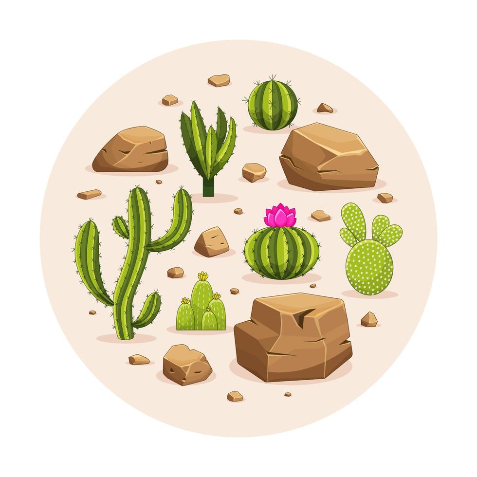 plantas de cactus del desierto en forma de círculo aisladas en ilustración blanca, vector dibujado a mano. cactus y piedras. vector del desierto circular. boceto de paisaje occidental redondo con cactus, puesta de sol y rocas