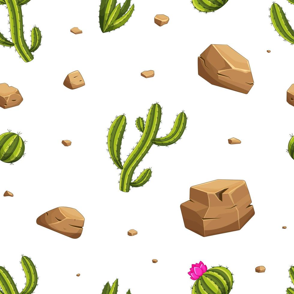 Seamless pattern cactus and stones with vector green cactus and succulents. Desert-themed seamless pattern with cactus and flowers. Vector illustration