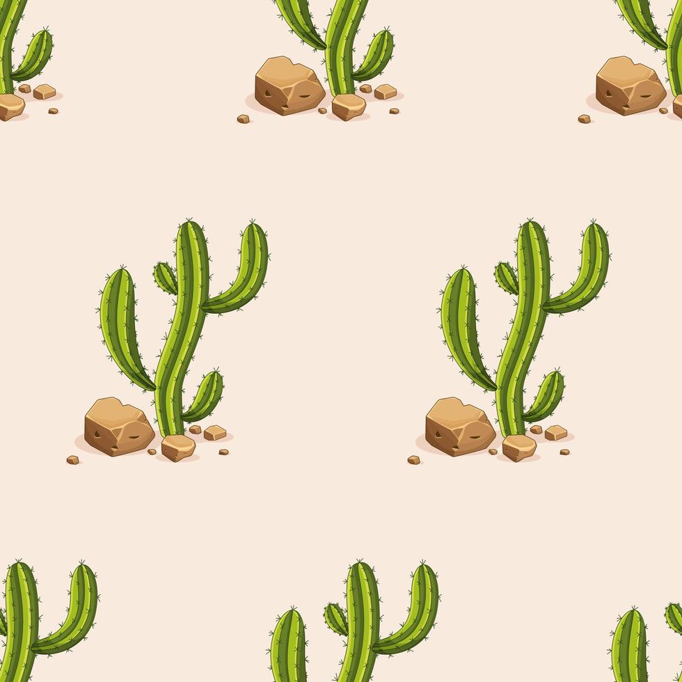 Seamless pattern cactus and stones with vector green cactus and succulents. Desert-themed seamless pattern with cactus and flowers. Vector illustration