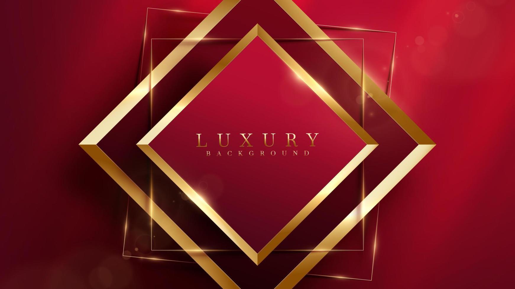 Red luxury background with golden frame element and glitter light with bokeh effect decoration. vector