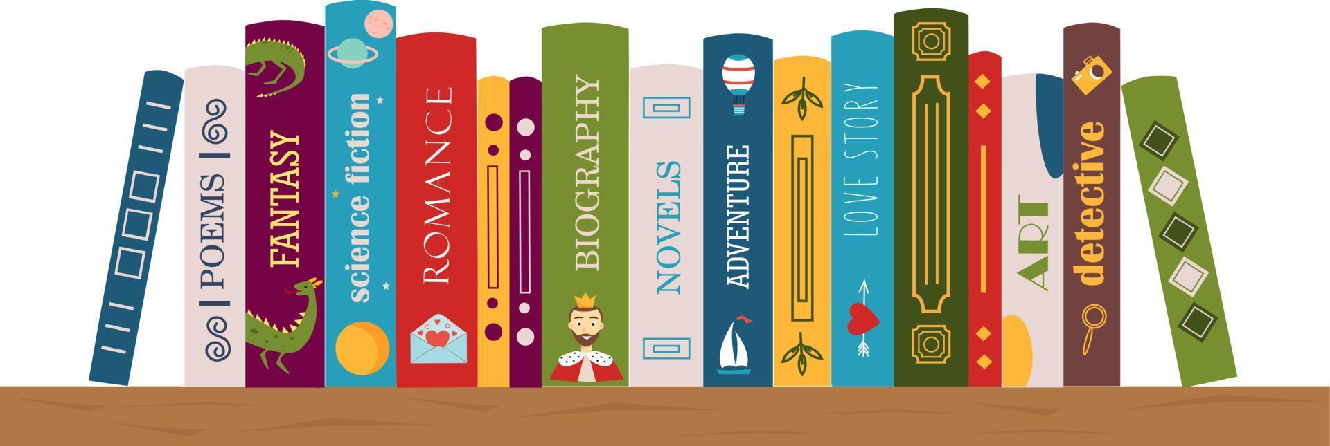 Bookshelf with books. Biography, adventure, novel, poem, fantasy, love story, detective, art, romance.  Banner for library, book store. Genre of literature. Vector illustration in flat style.