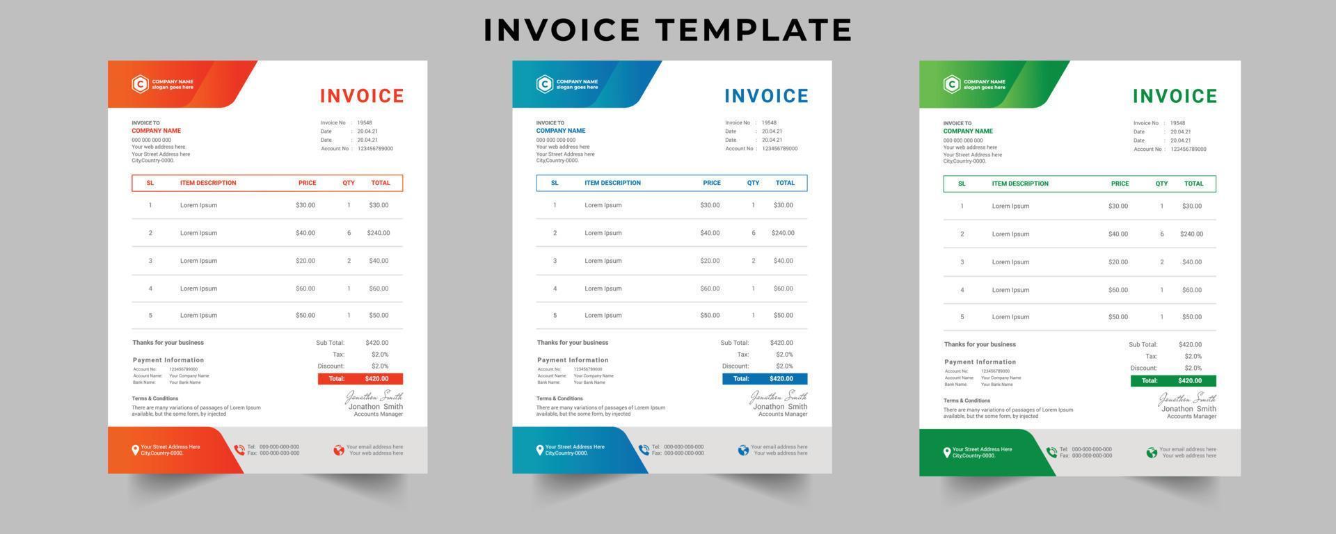 Corporate business clean minimal invoice design template vector