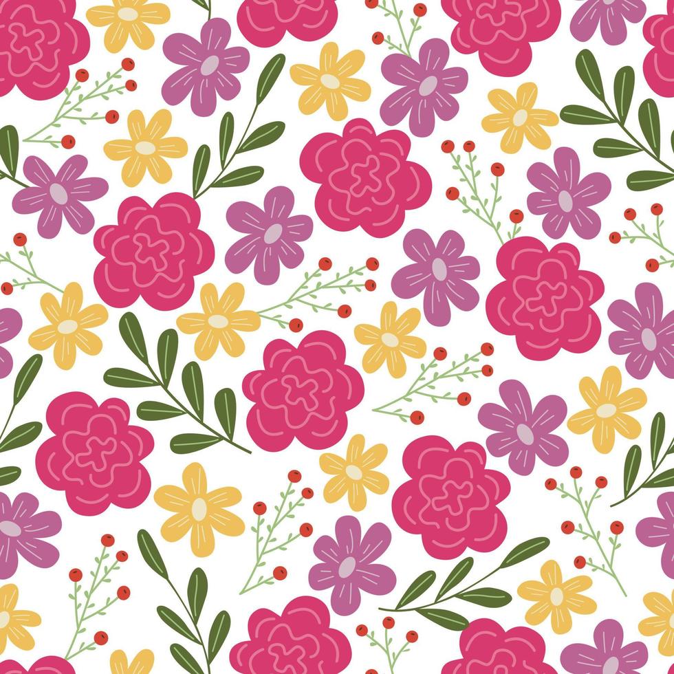 Vector seamless pattern with wildflowers in doodle style.