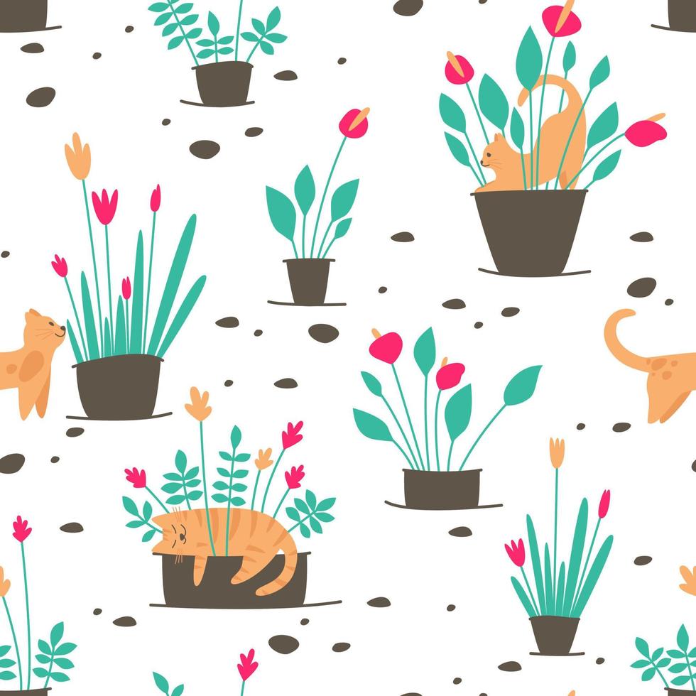 Seamless pattern with naughty cats and potted flowers vector