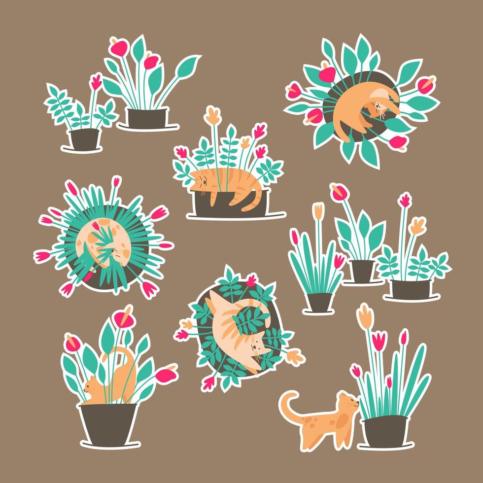 Stickers with naughty cats and potted flowers vector