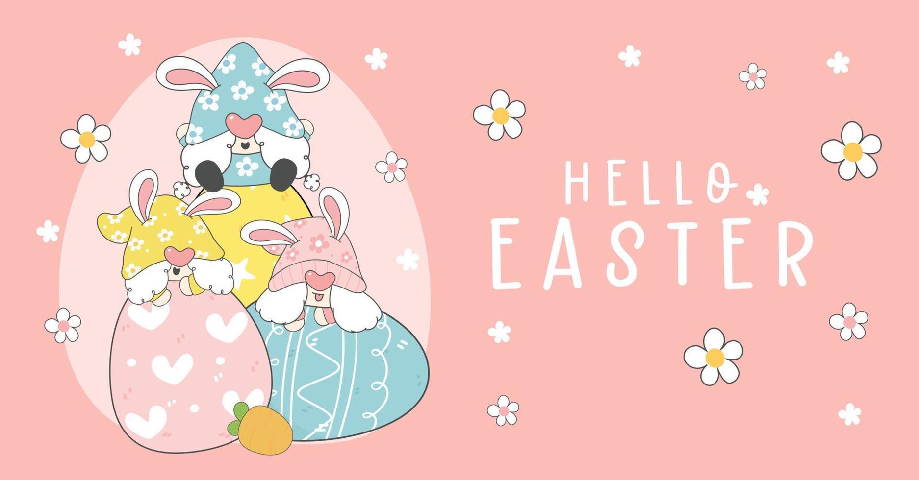 feliz saludo de Pascua, grupo de tres lindas y divertidas orejas de conejito de gnomo pastel en huevos más fáciles, vector de contorno de dibujo de dibujos animados de elfo, banner de felices fiestas