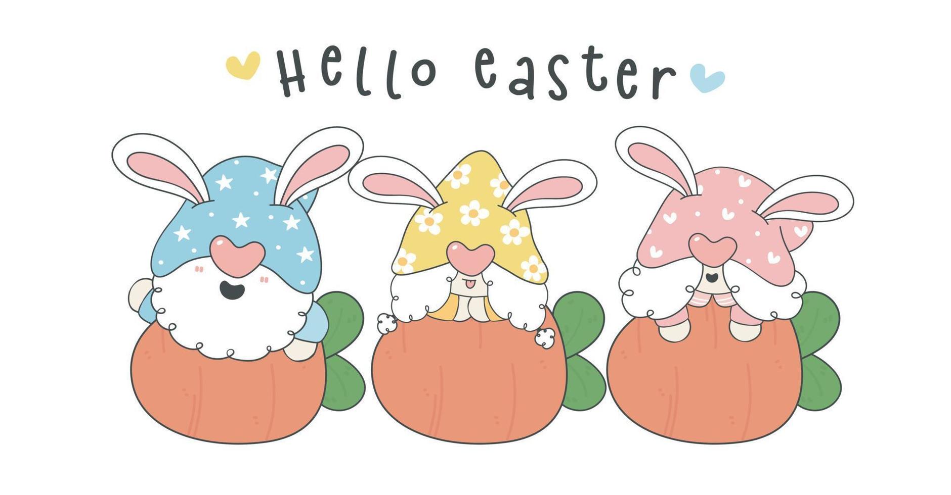 Hello Easter Gnomes greeting card printable, Four cute happy funny Gnome pastel on carrot, elf cartoon drawing outline vector banner