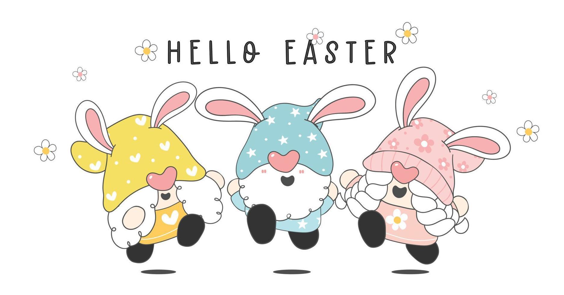 feliz saludo de pascua, grupo de tres lindas y divertidas orejas de conejito gnomo pastel celebrando la primavera, vector de contorno de dibujo de dibujos animados de elfo, felices fiestas