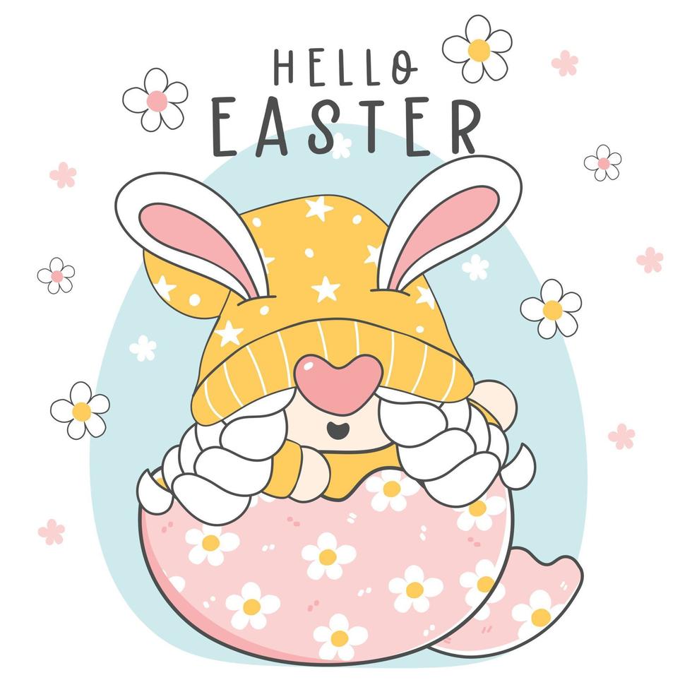 Happy Easter greeting, cute happy Gnome bunny ears pastel in broken Easer eggshell, elf cartoon drawing outline vector, happy holidays banner vector