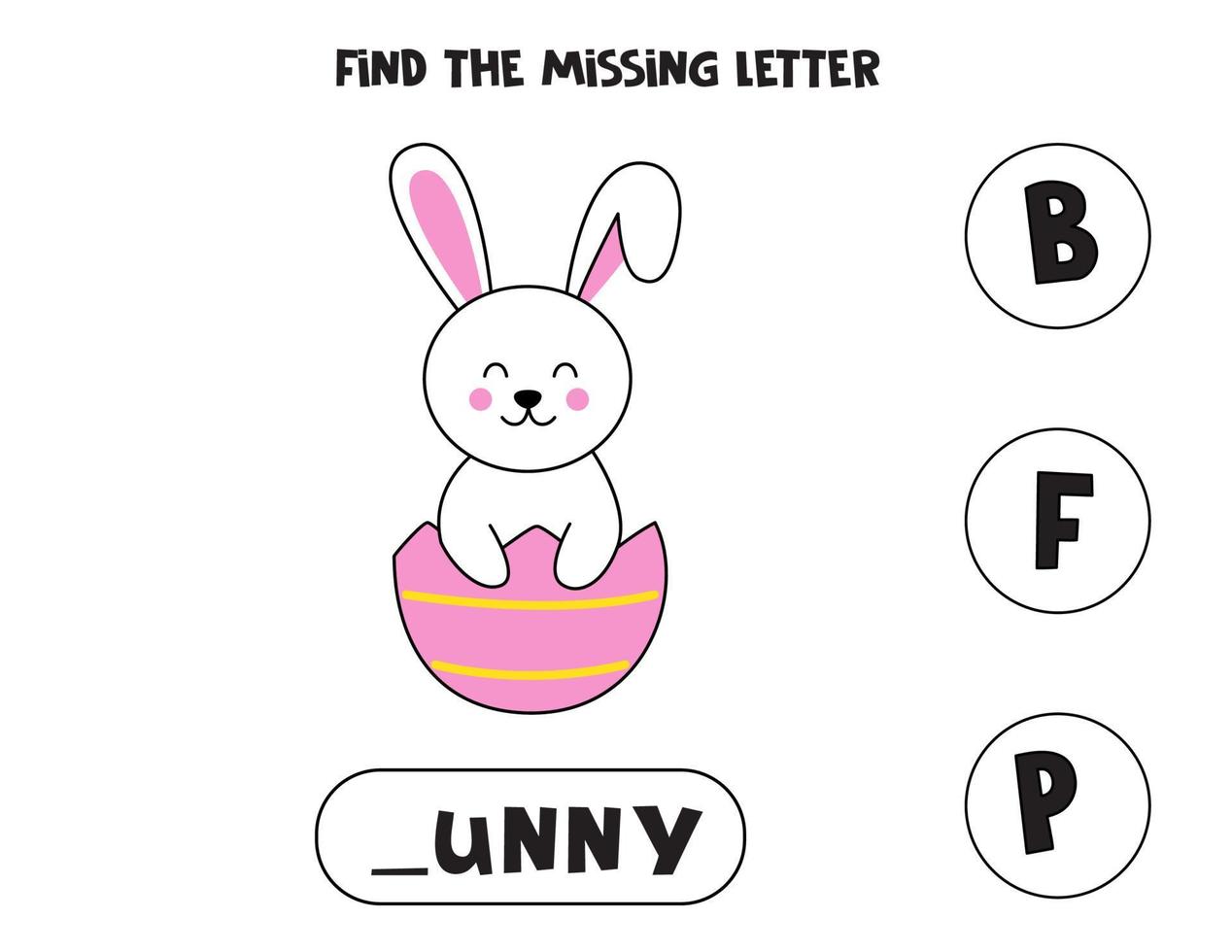 Find missing letter with cute Easter rabbit. Spelling worksheet. vector