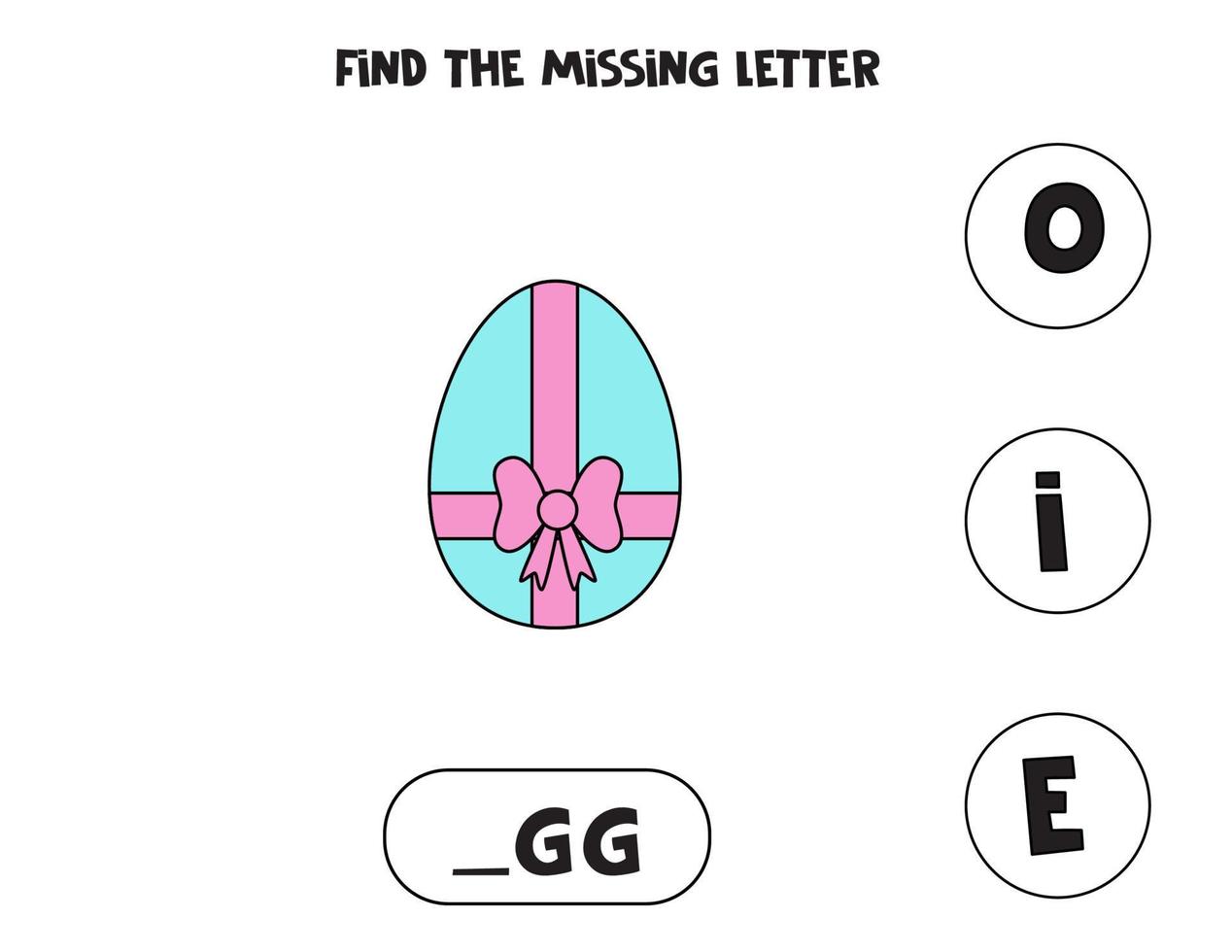 Find missing letter with cute Easter egg. Spelling worksheet. vector